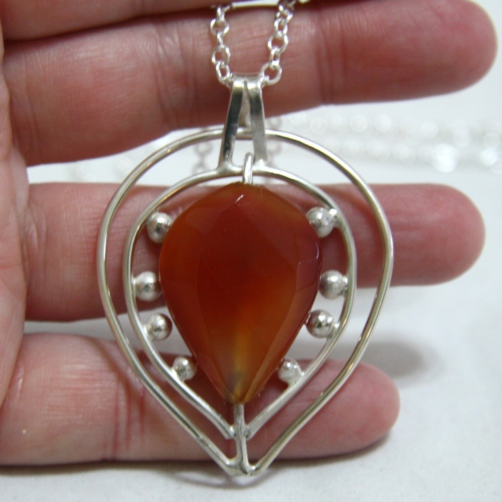 Large Autumn Leaf Design Natural Honey Agate in Solid Sterling Silver Pendant